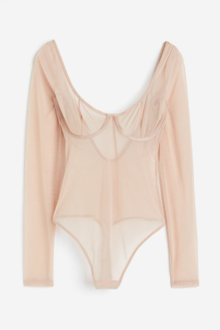 Light Shape Mesh Thong Bodysuit - Light beige - Ladies | H&M US | H&M (US + CA)