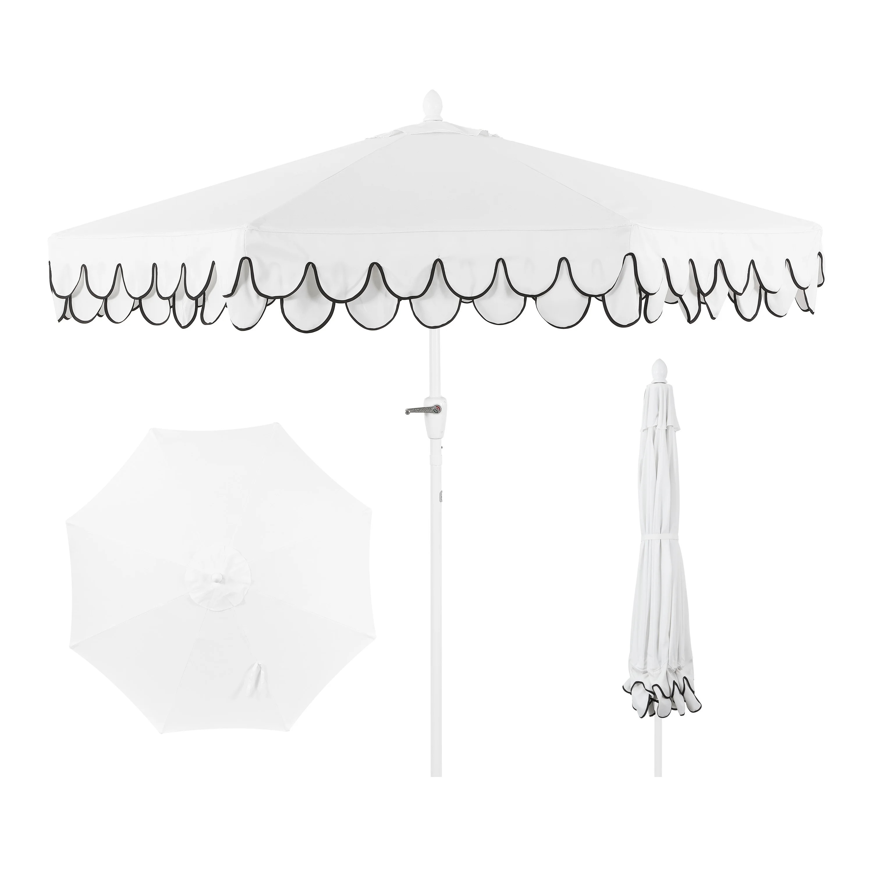 JONATHAN Y Tracy 9 ft. Market Patio Umbrella, Classic Mid-Century Scalloped Fringe, with Auto-Tilt Crank, Wind Vent and UV Protection, White/Black, White Pole - Walmart.com | Walmart (US)