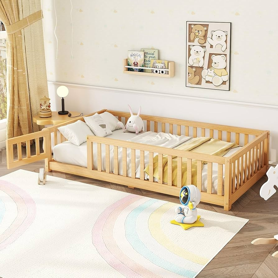 Twin Floor Bed with Slats and Center Support Bar, Wood Montessori Floor Bed with Fence and Door, ... | Amazon (US)