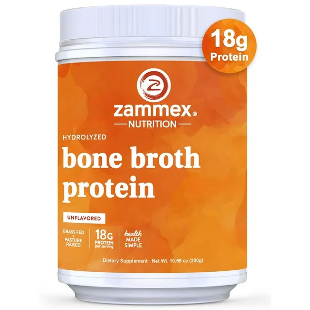 Zammex Bone Broth Protein Powder Grass Fed Beef, Natural Flavor, 10.59 oz, 18g Protein Hydrolyzed... | Walmart (US)