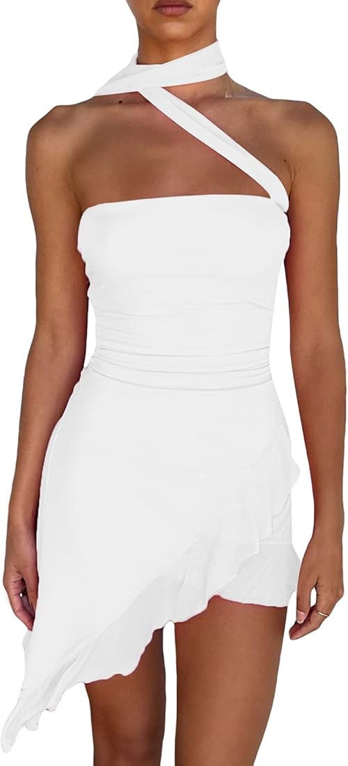 FeMereina Women Sleeveless Self Tie Dress Halterneck Backless Mini Dress Asymmetrical Hem Ruffles... | Amazon (UK)