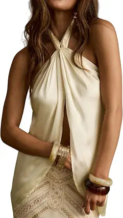 Seyumixi Women Elegant Silk Satin Top Halter Neck Knot Dressy Draped Tops Sleeveless Sexy Backles... | Amazon (US)