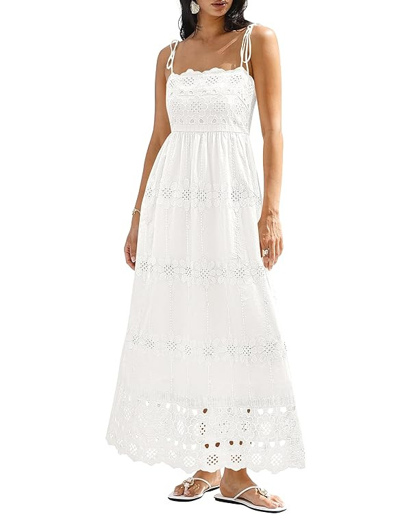 dowerme Womens Summer Maxi Dresses 2026 Casual Spaghetti Strap Smocked Eyelet Cotton Dress Long B... | Amazon (US)