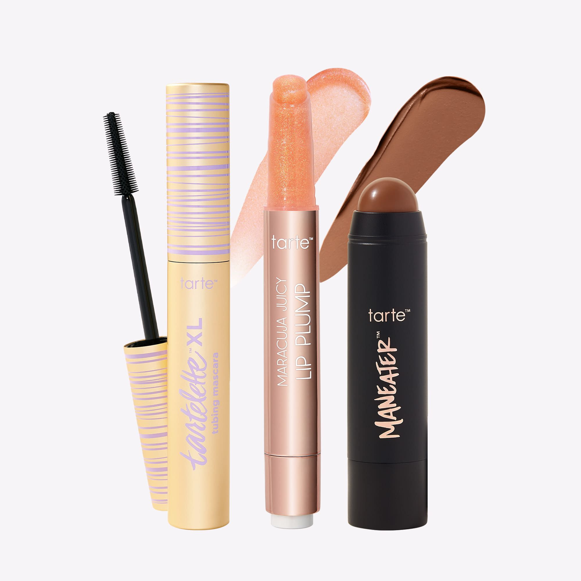 maracuja juicy lip shimmer, XL tubing mascara and bronzer stick trio | tarte cosmetics (Global)