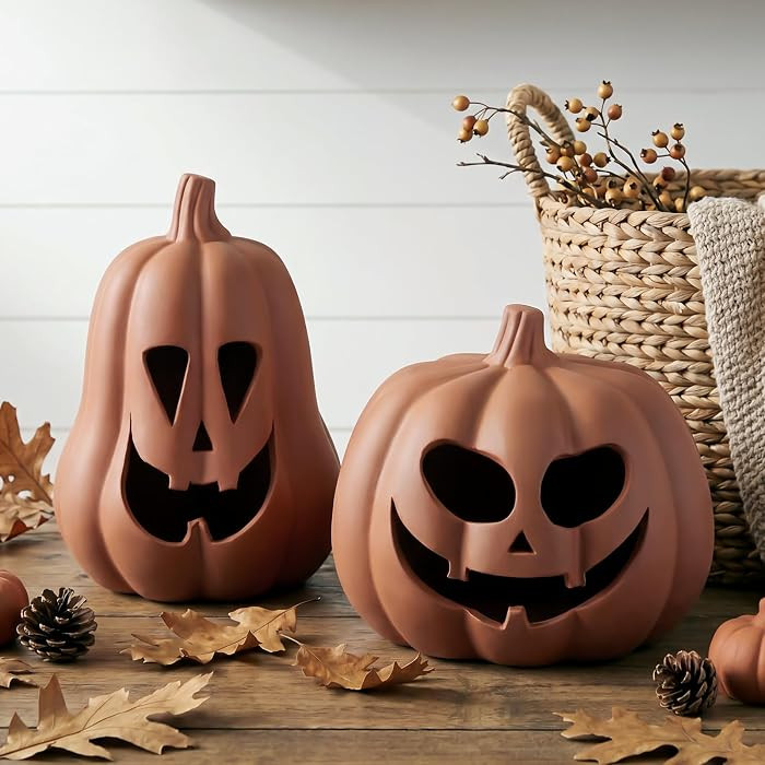 Tioncy 2 Pack Fall Decor Halloween Decorations Terracotta Pumpkin Decoration Handmade Clay Pumpki... | Amazon (US)