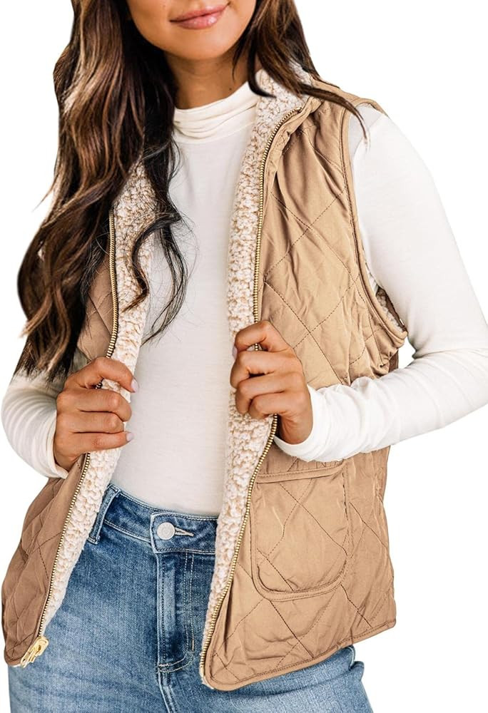 LAMISSCHE Womens Fuzzy Fleece Lined Vest Reversible Sherpa Zip Up Jacket Warm Quilted Lightweight... | Amazon (US)