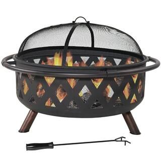 Sunnydaze Decor Black Cross Weave 36 in. x 24 in. Round Steel Wood Burning Fire Pit with Spark Sc... | The Home Depot