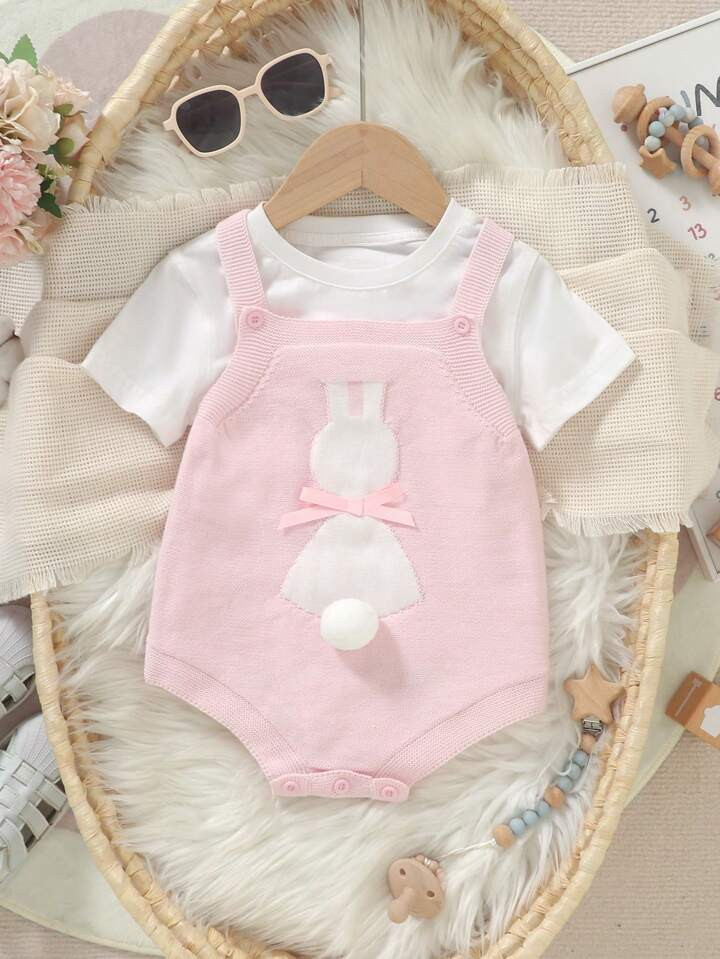 Cartoon Patterned Sweater Romper With Bowknot Straps Decoration For Baby Girl | SHEIN