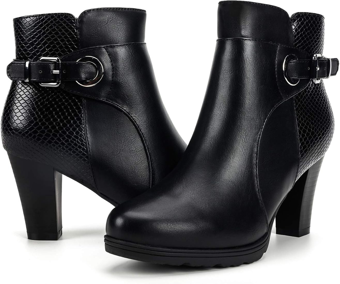 mysoft Women's Zipper Bootie Chunky Stacked Heel Ankle Boots Buckle Strap Ankle | Amazon (US)