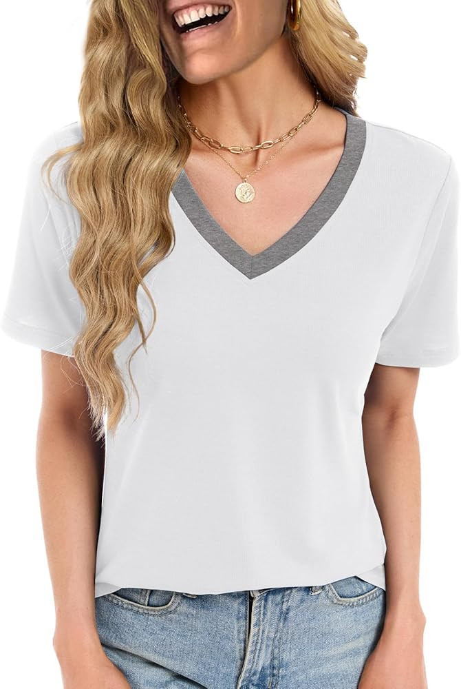 Womens Summer Tops Short Sleeve V Neck T Shirts Dressy Casual Flowy Blouses Plus Size Tunic Work ... | Amazon (US)