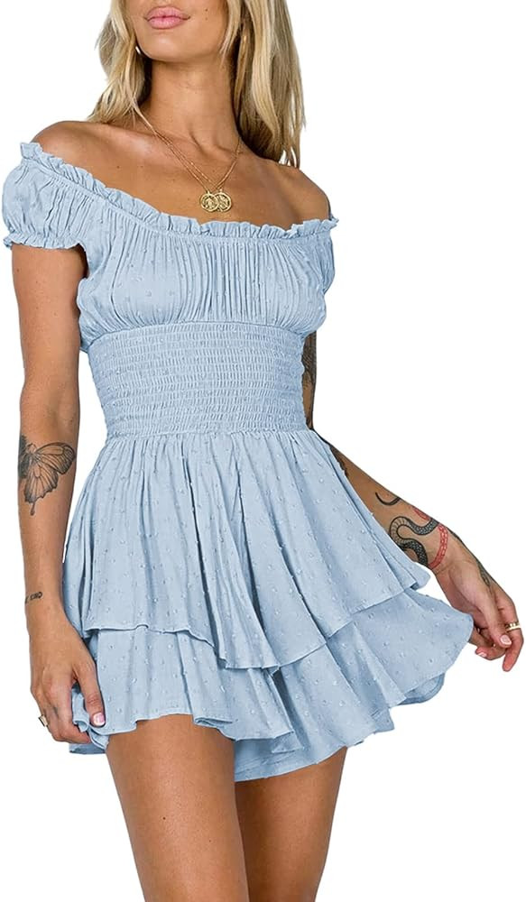 AOHITE Womens Summer Tube Top Dress Off-Shoulder Ruffled Flowy Mini Short Dresses | Amazon (US)