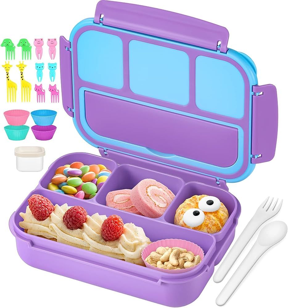 Bento Lunch Box with 4 Compartments, Sauce Container, Utensils, Food Picks and Muffin Cups for Sc... | Amazon (US)