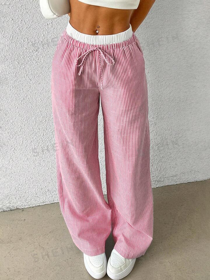 SHEIN EZwear Red & White Striped Woven Women's Long Pants | SHEIN