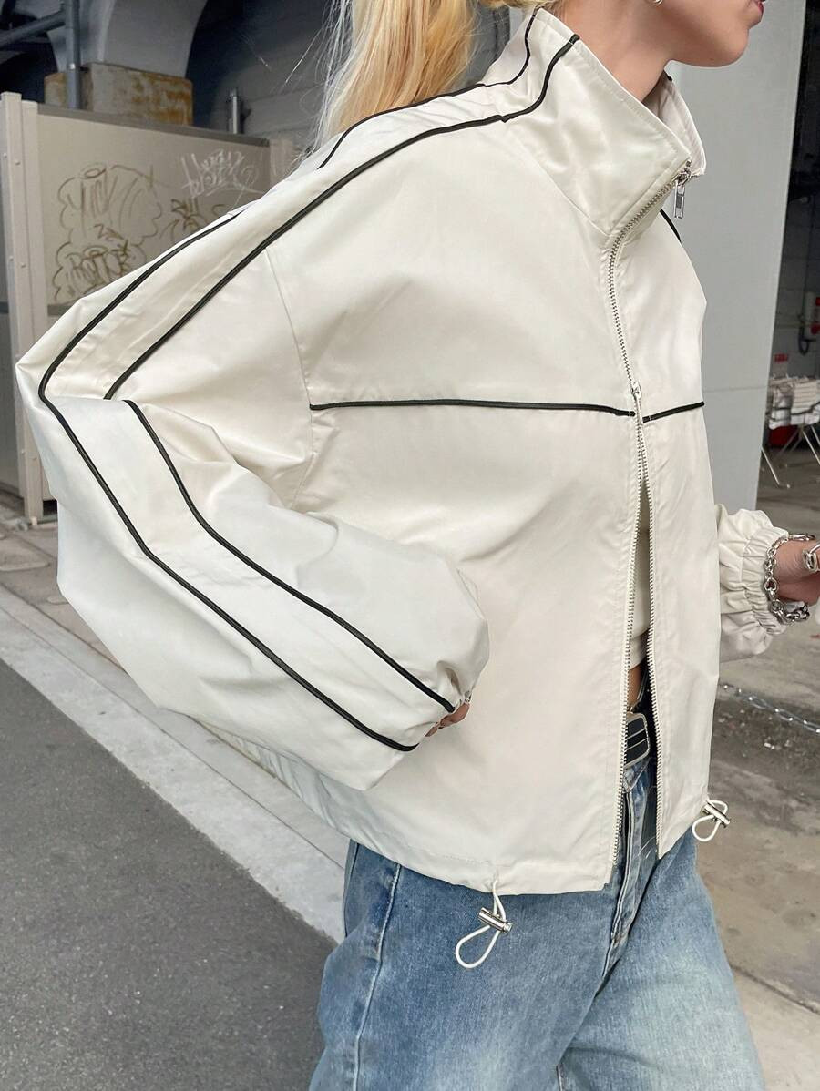 FRIFUL Women's Loose Fit Apricot Bomber Jacket, Color Block Sportswear, Spring Season | SHEIN