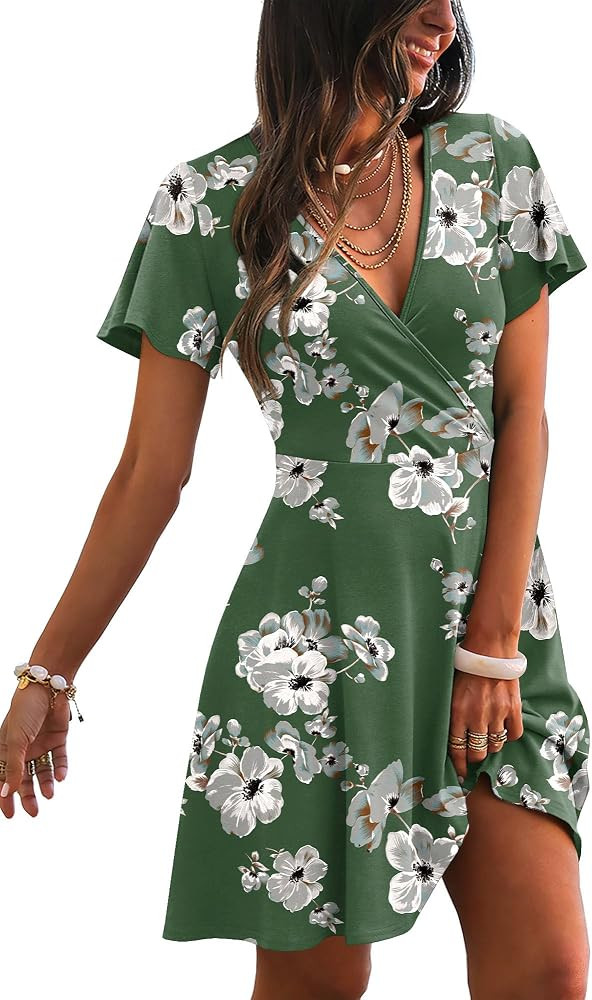 RUMIA Women Casual Dresses Wrap V Neck Dress A-Line Summer Sundress Fashion | Amazon (US)