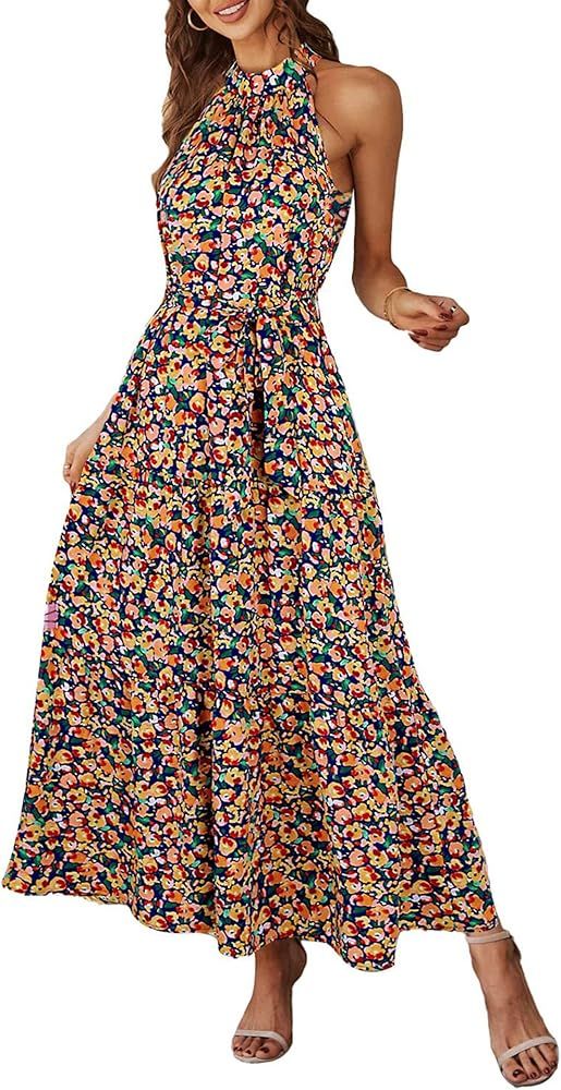 Pretty Garden Womens Floral Summer Sleeveless Halter Neck Flowy Ruffle Hem Long Boho Dresses With... | Amazon (US)