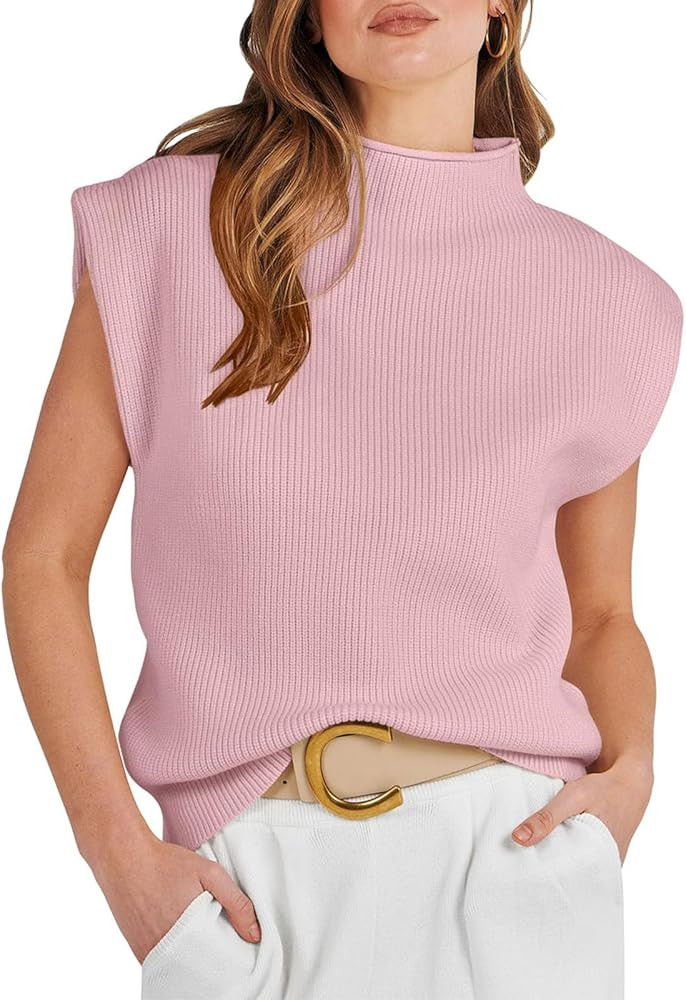 Women's Sleeveless Knit Sweater Vest Casual Solid Mock Neck Cap Sleeve Ribbed Pullover Tank Tops ... | Amazon (US)