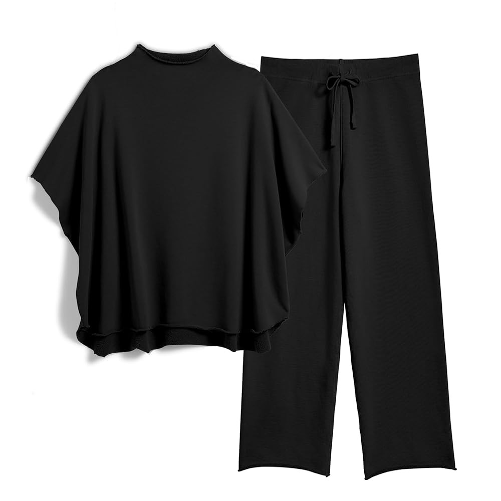 Women's Two Piece Outfits 3/4 Batwing Sleeve Capelet Crew Neck Pullover Top Wide Leg Pants Lounge... | Amazon (US)