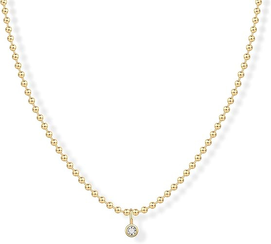PAVOI 14K Gold Plated Dainty Tube Ball Square Beaded Chain Bezel Set Solitaire Pendant Necklace f... | Amazon (US)