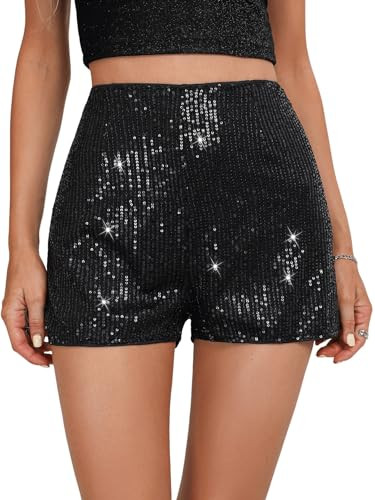 SweatyRocks Women's Sequins High Elastic Waist Straight Leg Shorts Solid Glitter Party Shorts | Amazon (US)