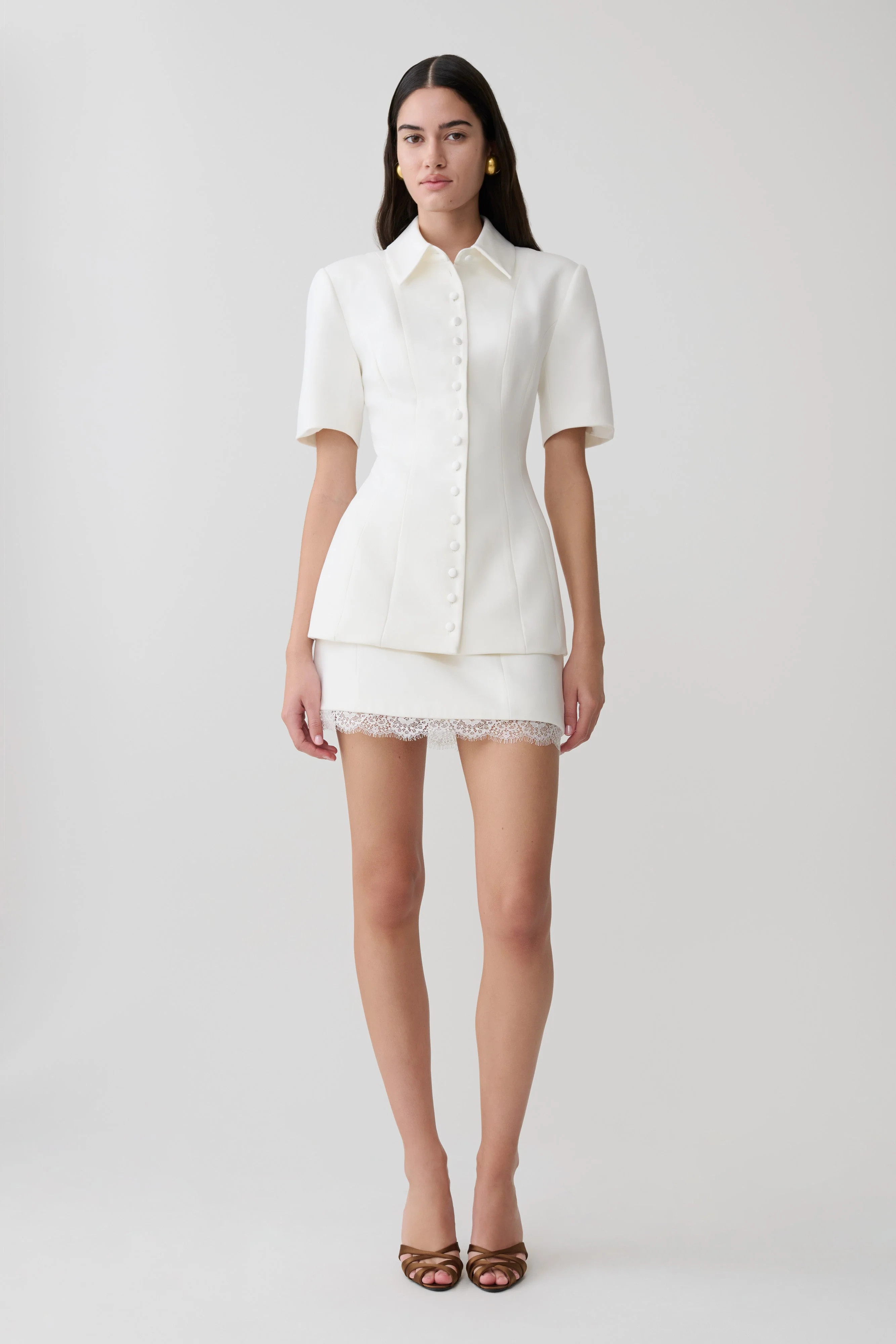 Ariella Suiting Mini Skirt With Lace - White | Meshki UK