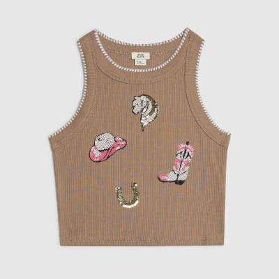 Girls Brown Embellished Cowboy Tank Top | River Island UK & IE