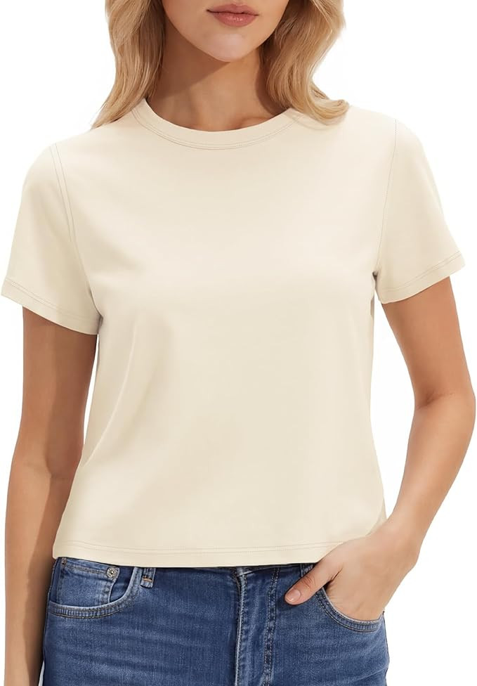 Stelle Women's Short Sleeve Crewneck T-Shirts Cotton Basic Tees Summer Casual Solid Crop Tops | Amazon (US)