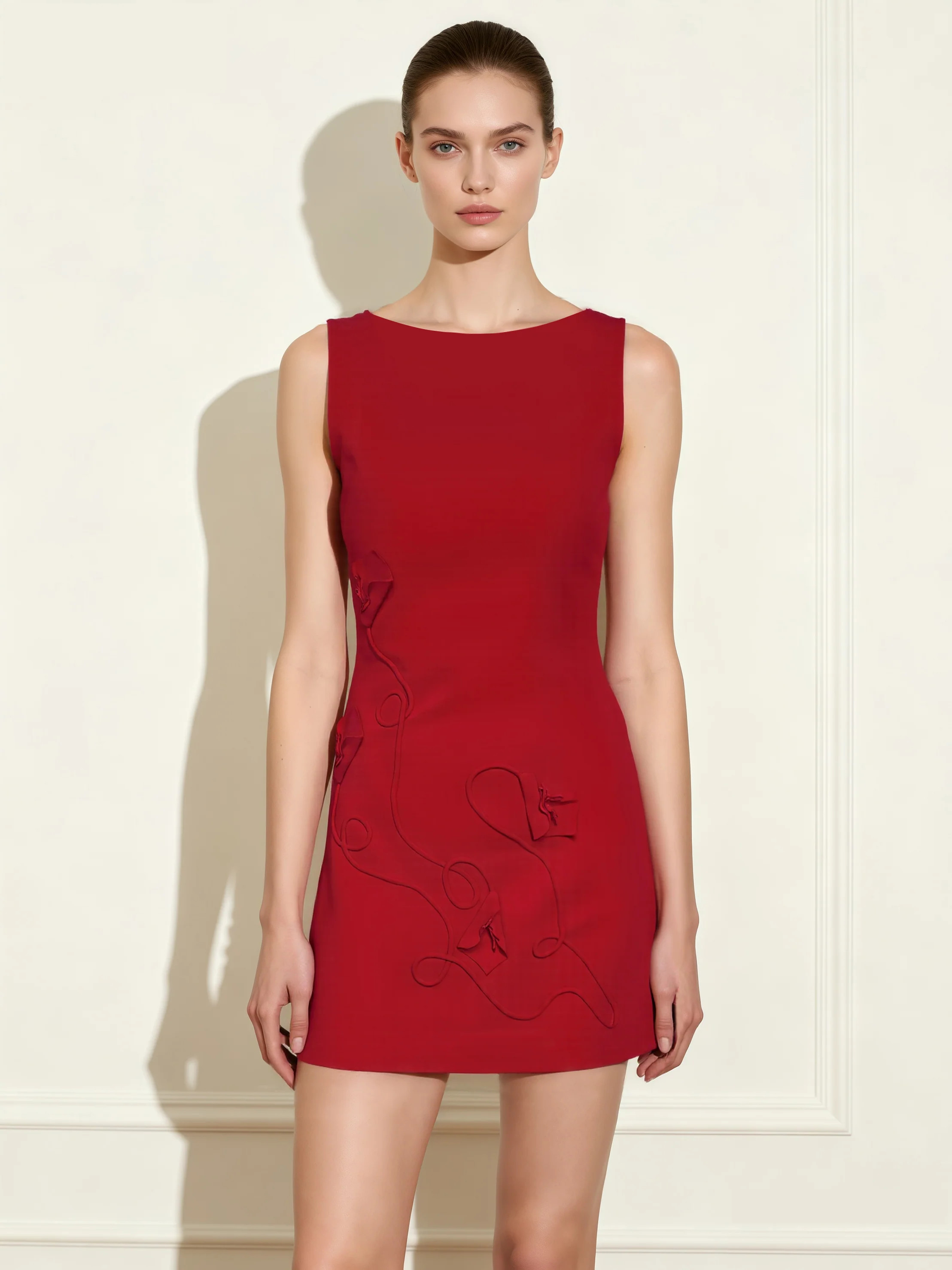 3D Floral-Appliqué Sheath Mini Dress - Red | JW PEI US