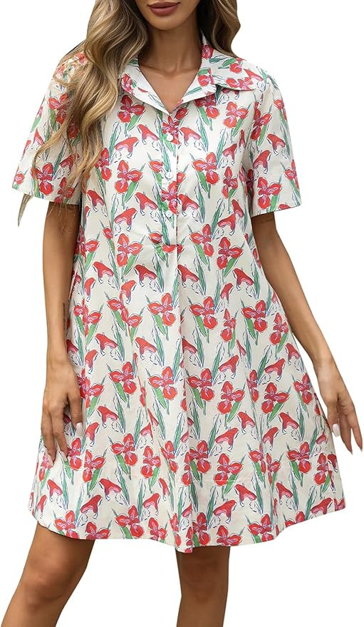 LifeShe Summer Floral Dress Women's Printed Casual Sundress Short Sleeve Button Up Shirt Dresses ... | Amazon (US)