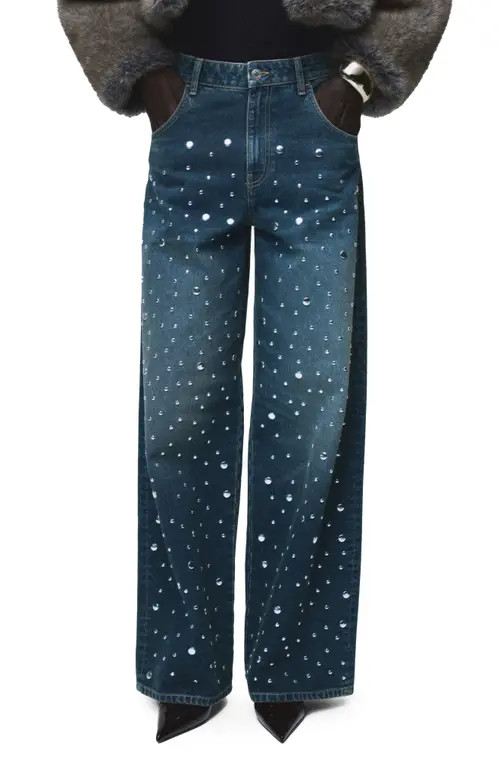 MANGO Stud Accent Straight Leg Jeans in Dark Blue at Nordstrom, Size 4 | Nordstrom