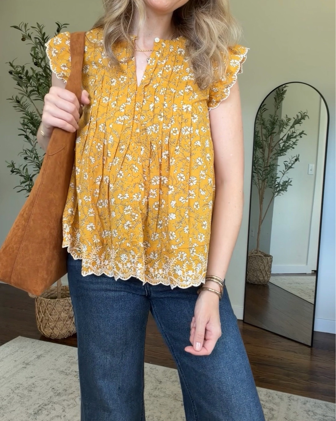 Walmart ruffle sleeve top in cotton with pretty embroidery detail, I sized up to medium, it has no stretch and the small was a bit snug in the chest area. #walmartfashion

#LTKOver40 #LTKootd #LTKmomlife