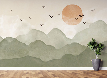 Bohemian Colors Self Adhesive Nursery Wallpaper, Sunset Through The Mountains With Watercolor Eff...