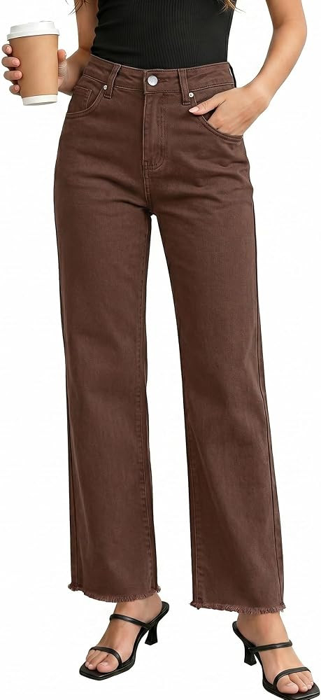 GRAPENT Straight Leg Jeans for Women High Waisted Stretchy Frayed Raw Hem Loose Denim Pants Casua... | Amazon (US)