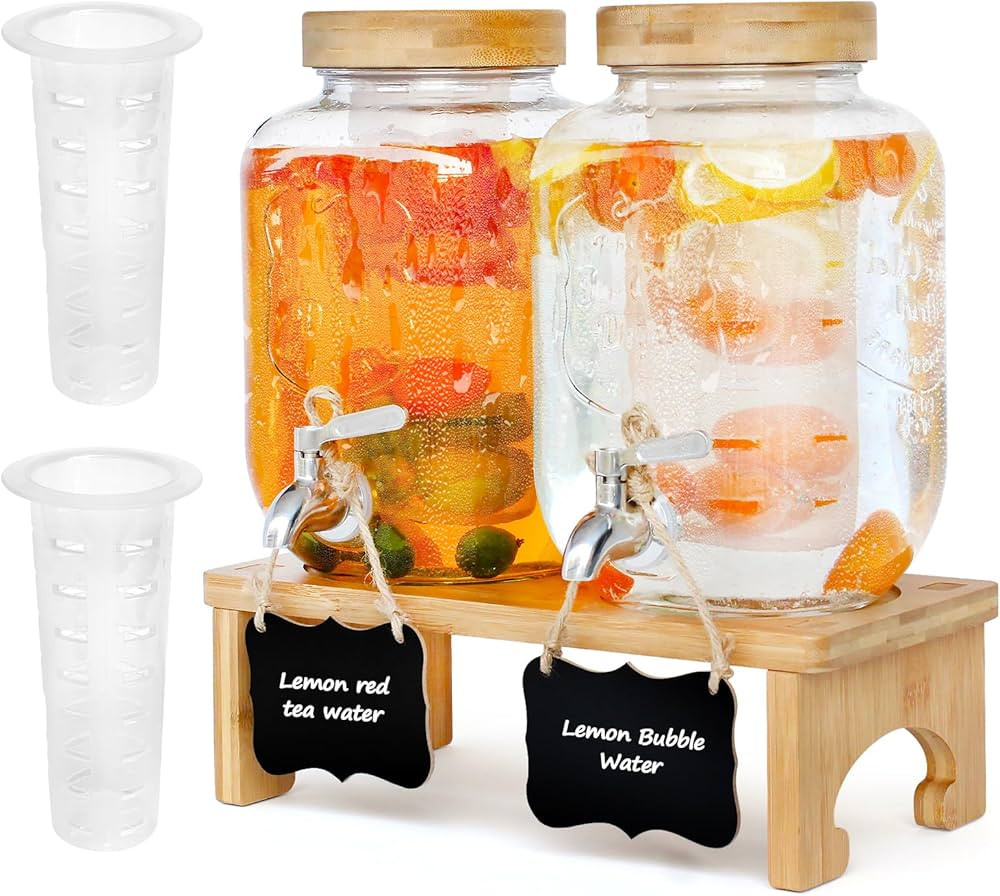 1 Gallon Drink Dispenser with Stand,2 Pack Glass Beverage Dispenser With Wood Stand, Stainless St... | Amazon (US)