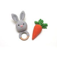 Bunny Baby Rattle & Crochet Carrot Toy Easter Gift Set | Etsy (US)