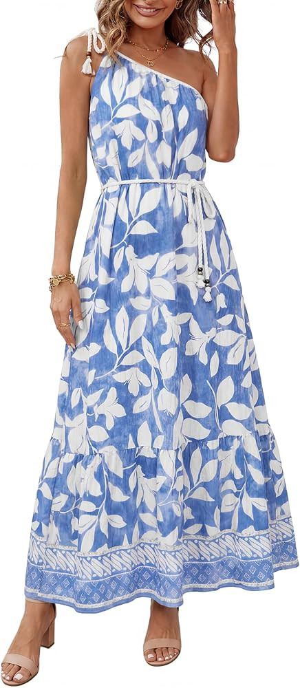 Glamaker Womens Summer One Shoulder Maxi Dress Casual Sleeveless Printed Flowy Boho Beach Long Su... | Amazon (US)