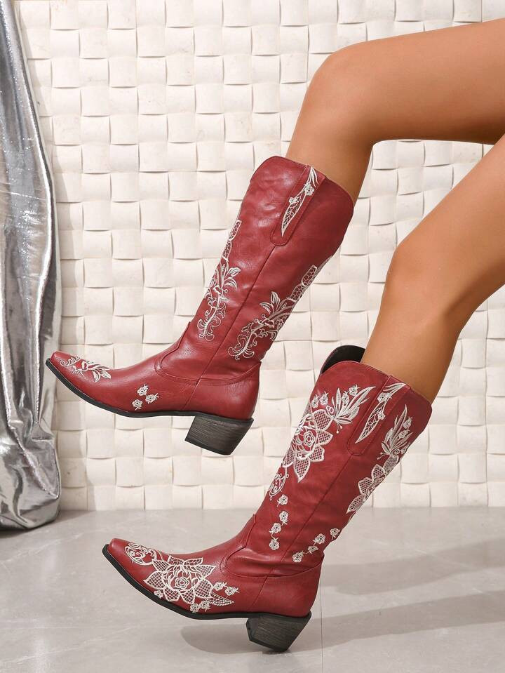 New Arrival Round Toe Embroidered Large Size Long Boots With Chunky Heel And Pointed Toe, Vintage... | SHEIN