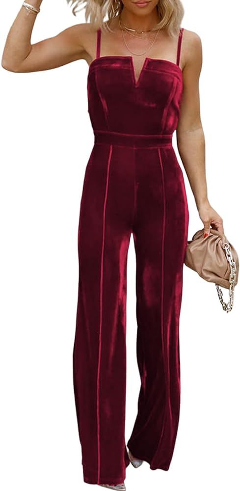 BLENCOT Sleeveless Velvet Jumpsuits For Women V Neck Spaghetti Straps Wide Leg Long Pants Dressy Rom | Amazon (US)