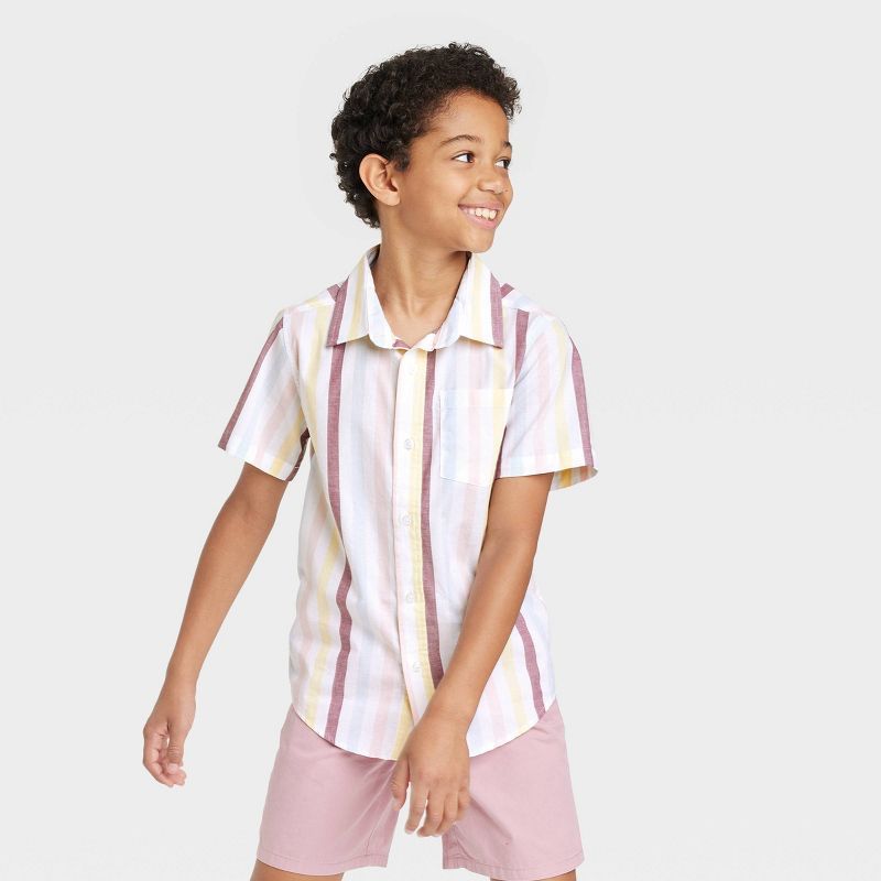 Boys' Rainbow Vertical Striped Short Sleeve Button-Down Woven Shirt - Cat & Jack™ White/Pink | Target