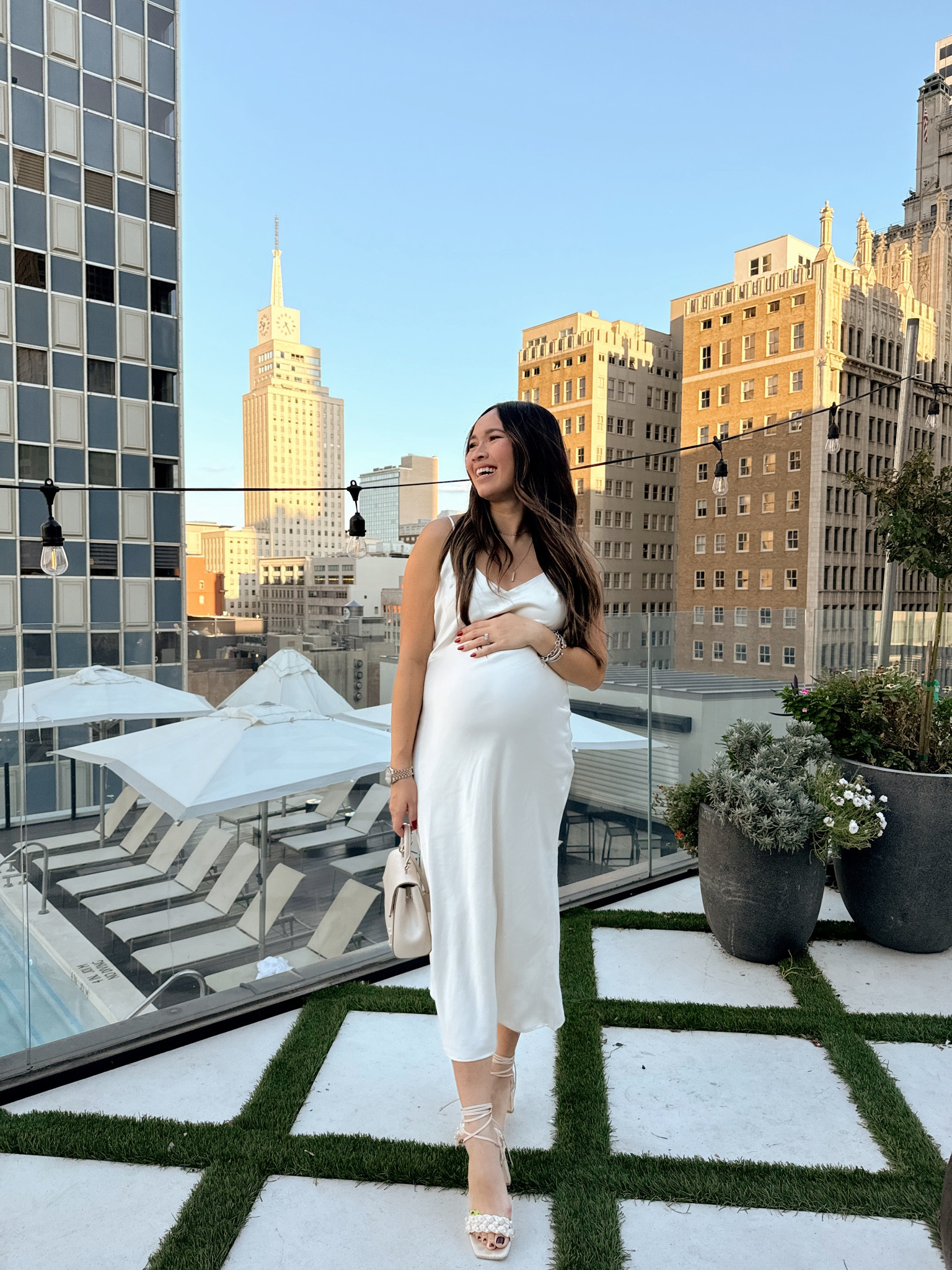 My dresses outfit! Love the fit on this off white satin dress from Oak and Fort. Wearing a size small' 

#LTKCon