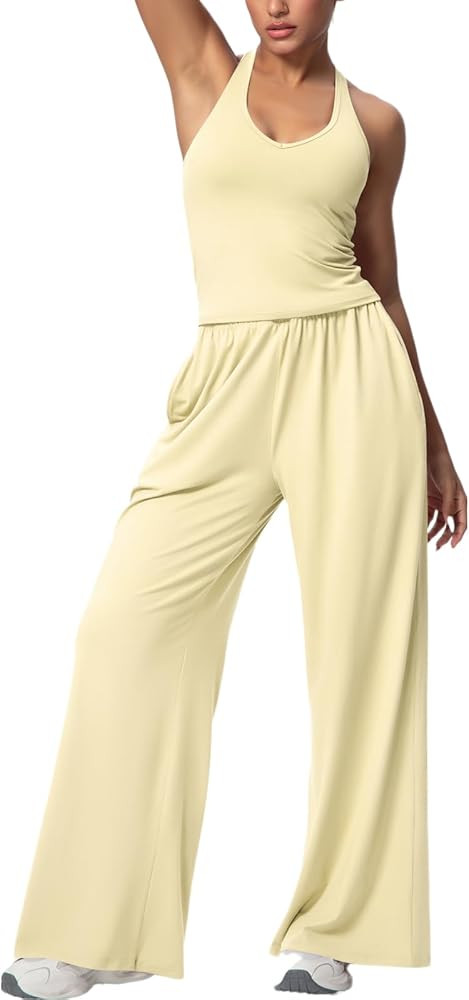 Women's 2 Piece Workout Sets Halter Strap Top Wide Leg Pants Gym Yoga Outfits Activewear Loungewe... | Amazon (US)