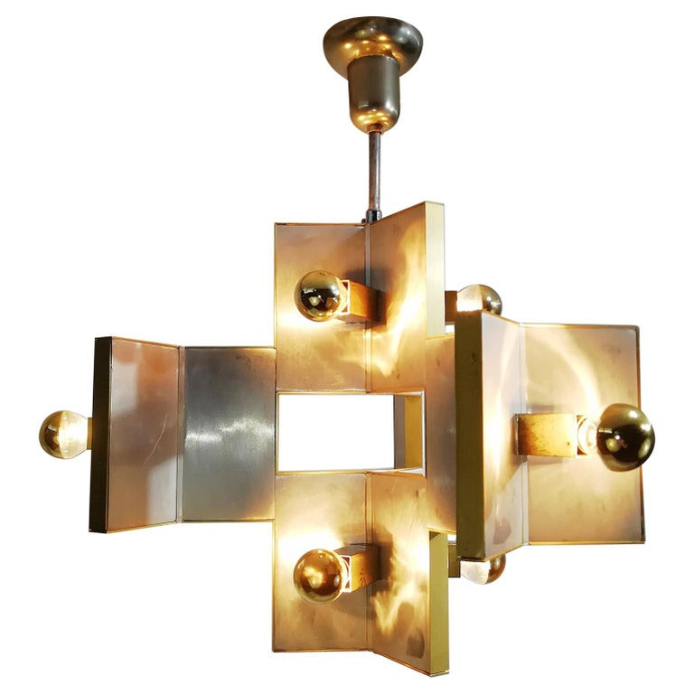 Elegant Sculptural Brass and Mirrored Metal Chandelier from Sciolari, 1970s | 1stDibs
