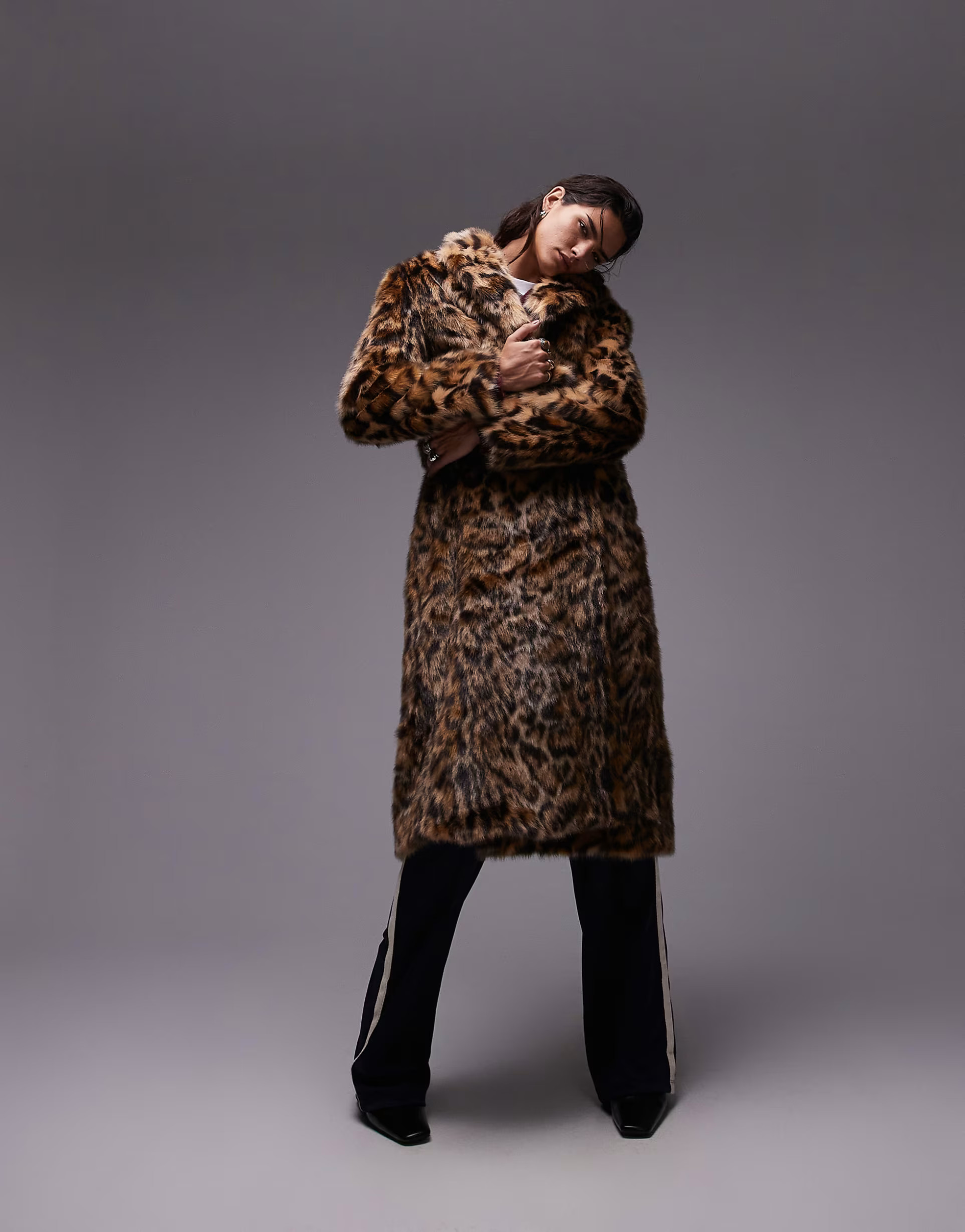 Topshop animal faux fur long coat in multi | ASOS (Global)