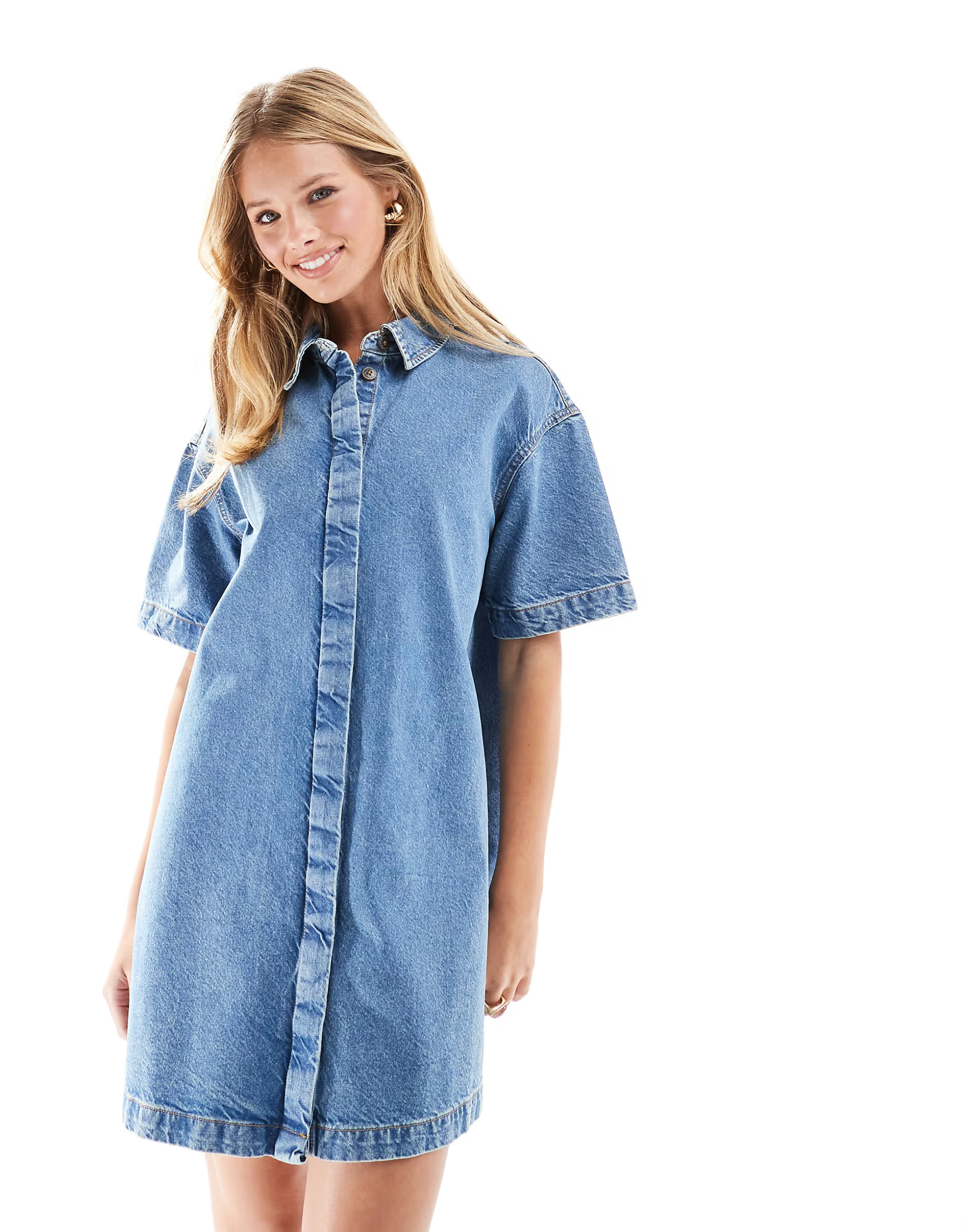 ASOS DESIGN short sleeve denim shirt dress in midwash blue | ASOS (Global)