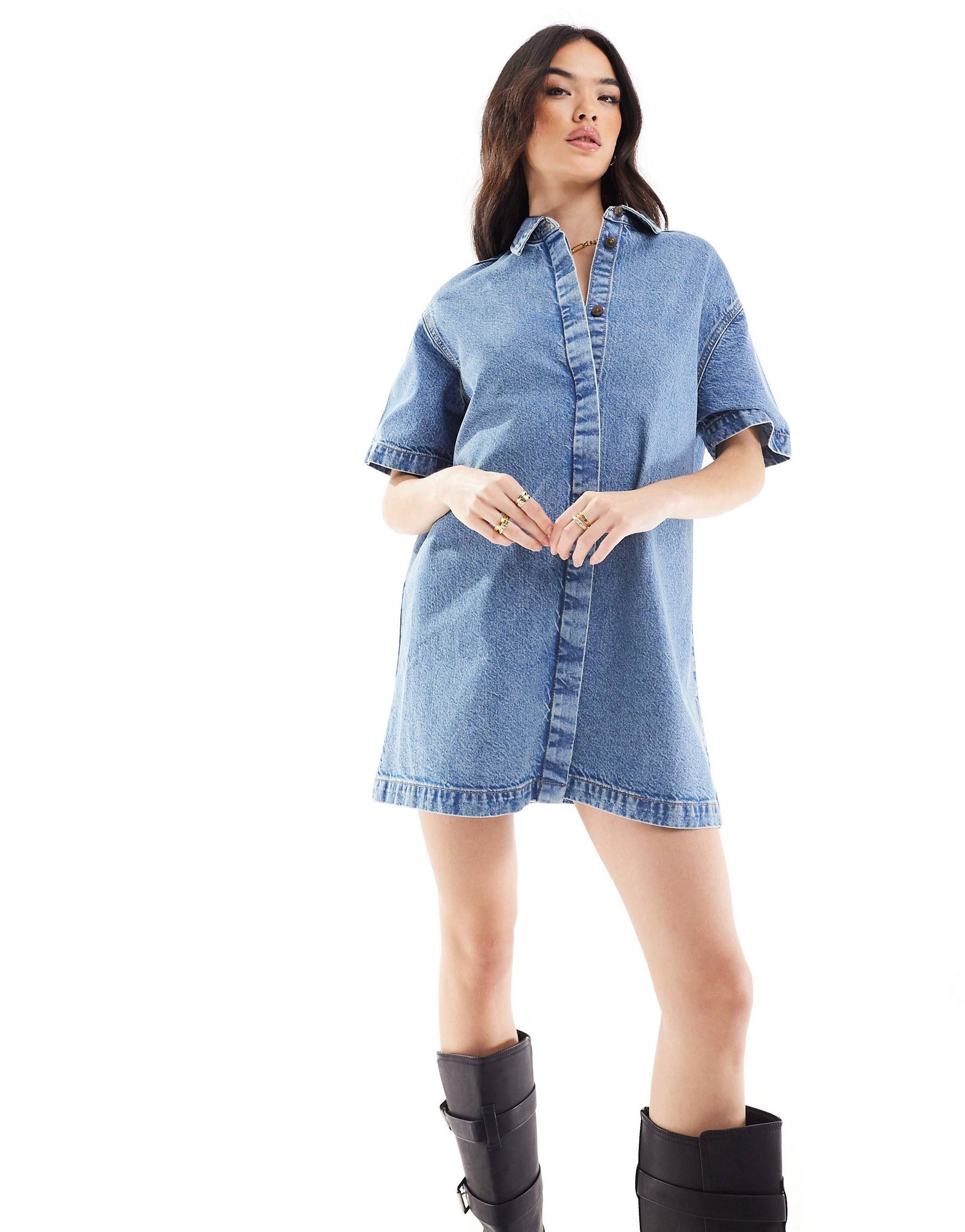 ASOS DESIGN short sleeve denim shirt dress in midwash blue | ASOS | ASOS (Global)