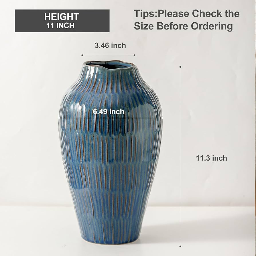 Blue Ceramic Vase for Home Decor,11.6 Inch Flower Vase，Decorative Vases for Pampas Grass，Mode... | Amazon (US)