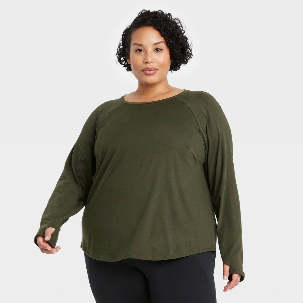 Women's Plus Size Essential Crewneck Long Sleeve T-Shirt - All in Motion Olive Green 2X | Target