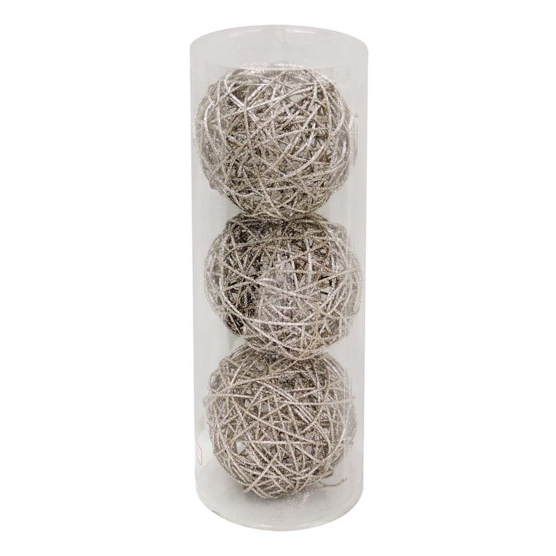 Gold 3-Count Champagne Glittered Wicker Shatterproof Ornaments | At Home