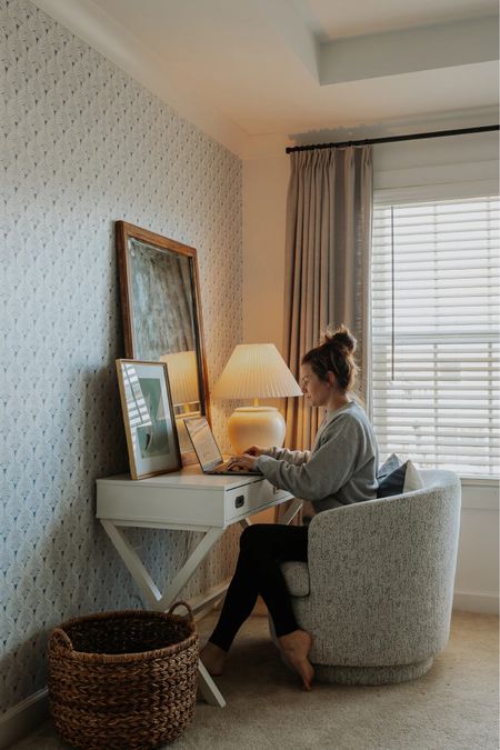 Home office decor, white desk, swivel chair, lamp from hearth and hand, pinch pleat curtains, and wallpaper! 

#LTKfindsunder100 #LTKfamily #LTKhome