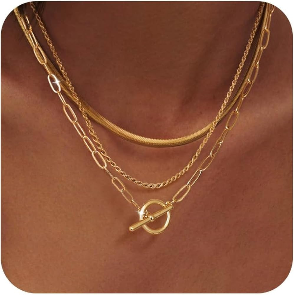 Gold Layered Toggle Necklaces for Women: 14K Gold Plated Dainty Link Chain Necklaces Paperclip Cu... | Amazon (US)
